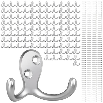 Homanu 14 Pack Silvery Coat Hooks Wall Mounted Double Prong with 28 Screws