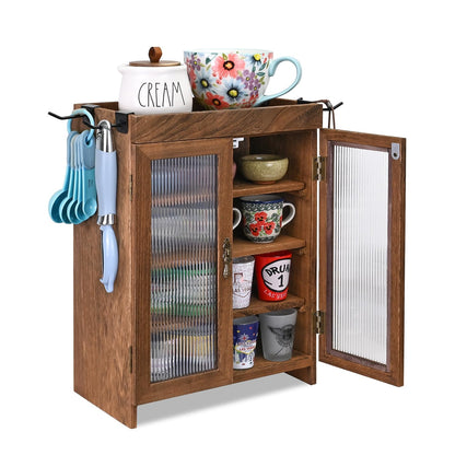 Ikee Design Wooden Countertop Storage Cabinet. Customizable Organizer with Adjustable Shelves, Glass Window Door and Removable Metal Hook. Perfect for Kitchen, Vanity, or Bathroom. Antique White