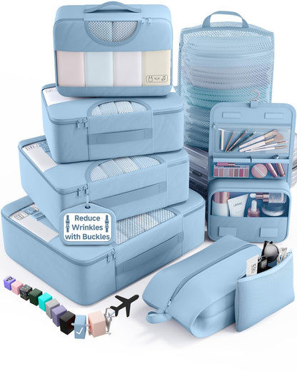 Veken 8 Set Packing Cubes for Travel Essentials,Anti-Wrinkle Buckled Suitcase Organizer for Shoe & Toiletry Bag,Carry On Luggage Bag with 99+ Count Mesh Holes for Airplane & College Dorm Accessories