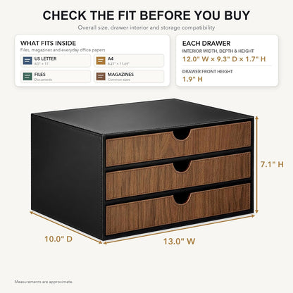 UnionBasic Document Organizer, 3-Drawer File Cabinet Document Storage Box, Office Desktop Filing Organizer, Black with Wood Grain Drawers