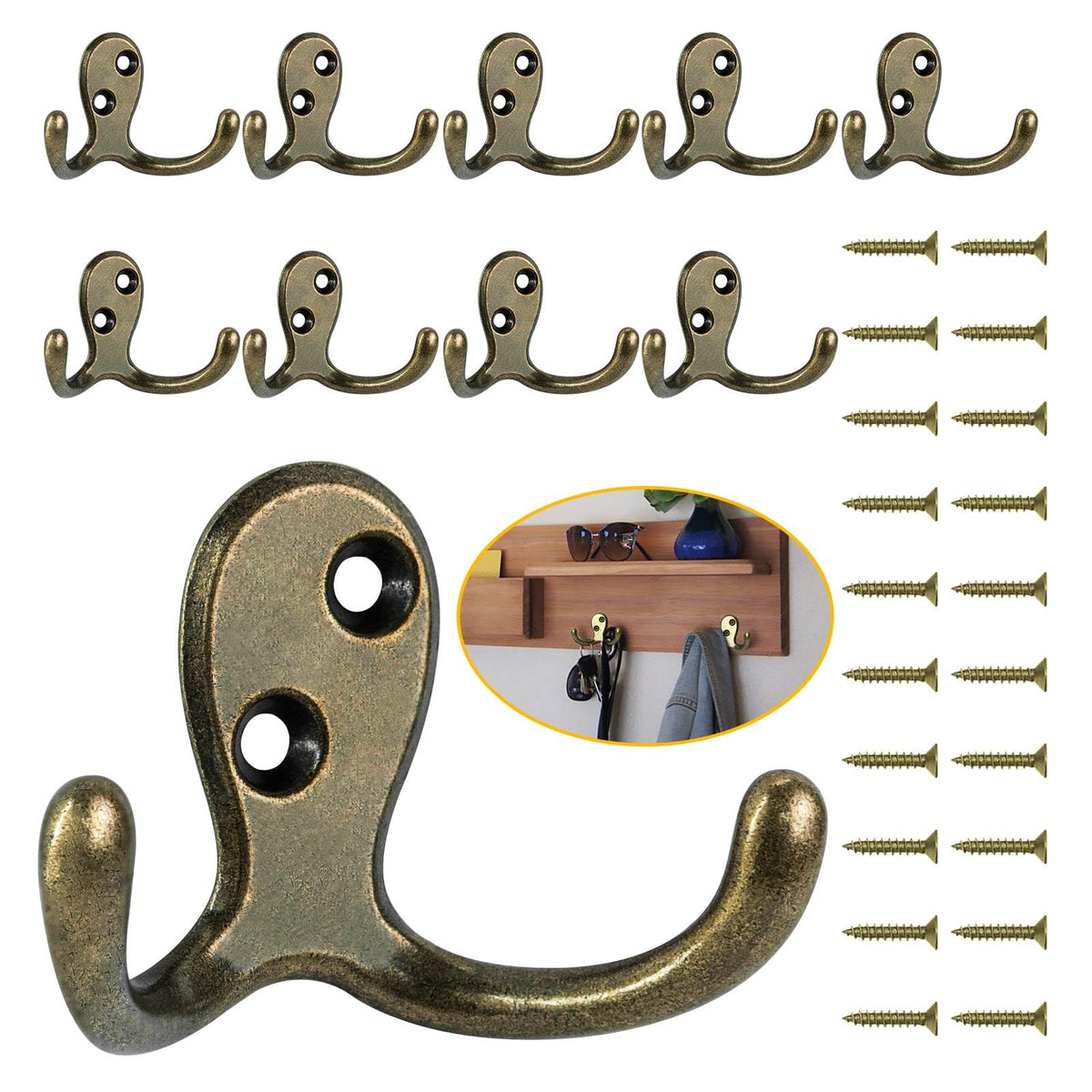 Homanu 14 Pack Silvery Coat Hooks Wall Mounted Double Prong with 28 Screws