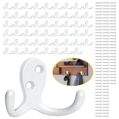 Homanu 14 Pack Silvery Coat Hooks Wall Mounted Double Prong with 28 Screws