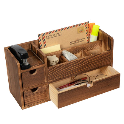 Liry Products Rustic Wooden Desktop Organizer Office Supplies Brown Tabletop Storage Cabinet Stepped Rack Multiple Compartments 2 Tier Drawers Makeup Accessory Jewelry Sorter Display Box Home Office