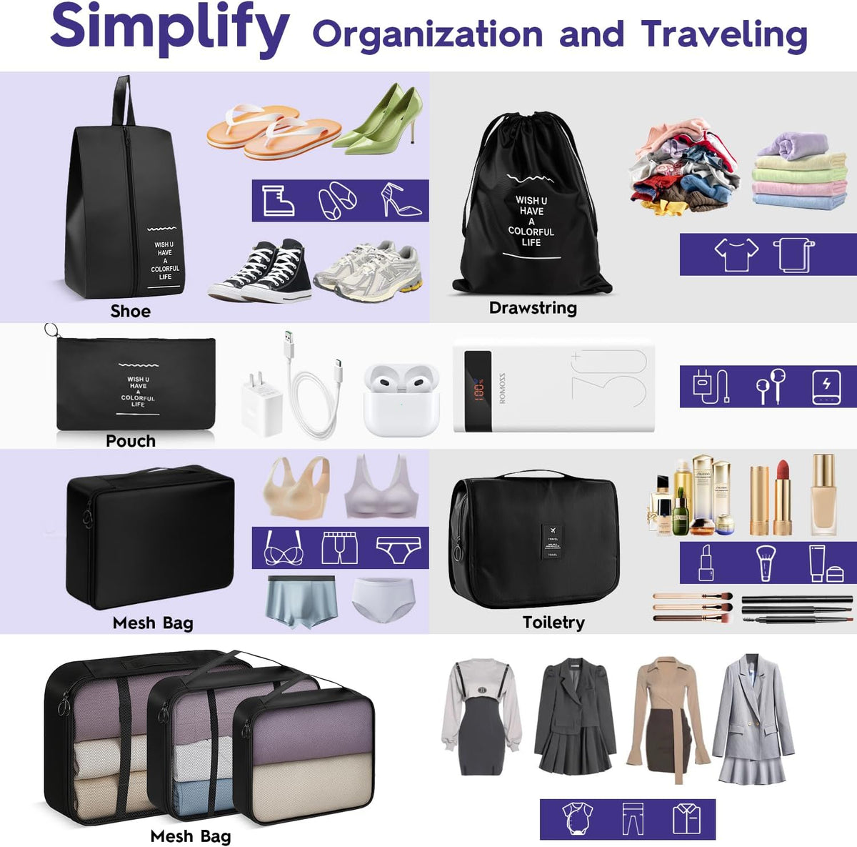 Fosmon 8 Piece Packing Cubes for Travel, Luggage Organizer Bags Set, Black