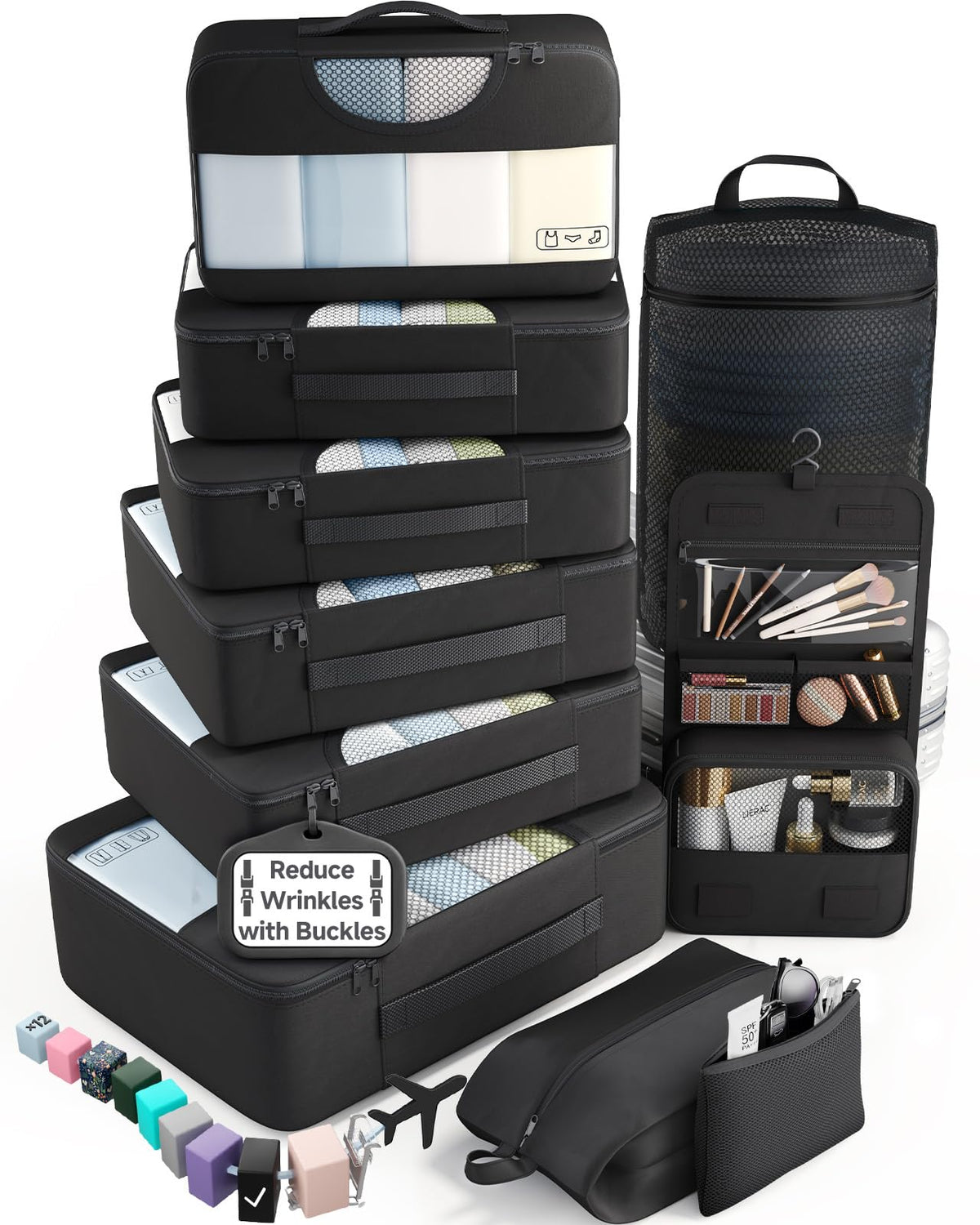 Veken 8 Set Packing Cubes for Travel Essentials,Anti-Wrinkle Buckled Suitcase Organizer for Shoe & Toiletry Bag,Carry On Luggage Bag with 99+ Count Mesh Holes for Airplane & College Dorm Accessories