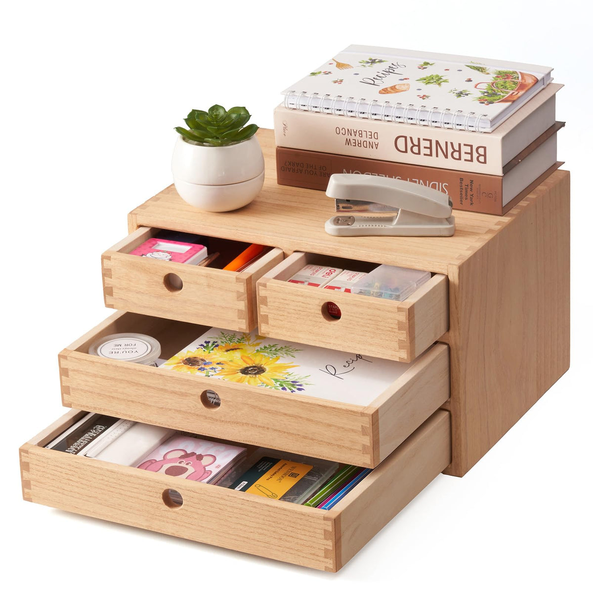 KIRIGEN Wood Desk Organizer with 4 Drawers, Desktop Storage, Brown 34-DBR