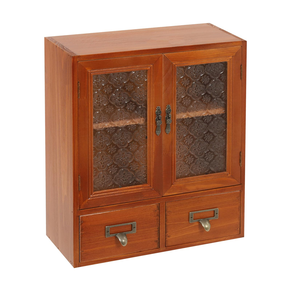 Rustic Vintage Mini Pine Counter Top Cabinet with Acrylic Doors & 2 Drawers