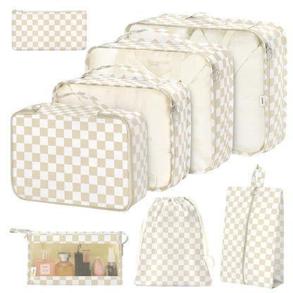 8 Set Packing Cubes for Suitcases,Packing Cube with Shoe, Cosmetics, Clothing, and Accessories Bags Packing Cubes for Travel Luggage Organizer Women Men(Khaki Checkered)