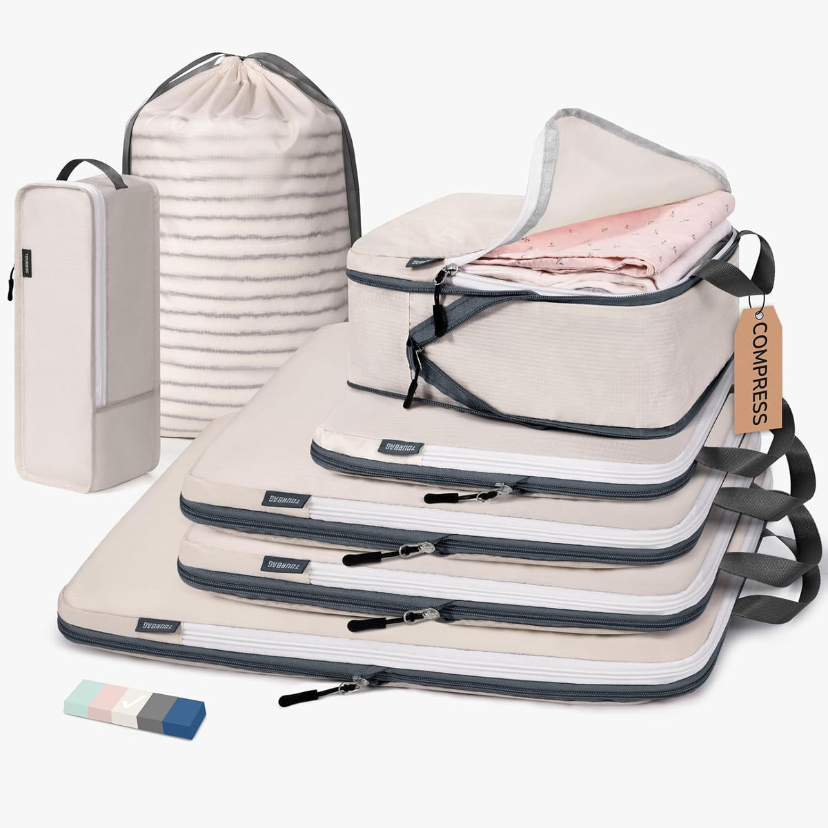 CherryNow 7 Set Packing Cubes for Travel Women, Suitcase Organizer, Beige