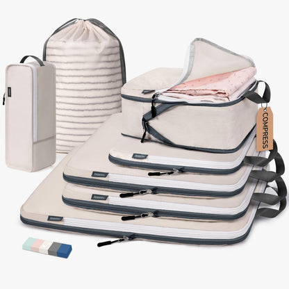 CherryNow 7 Set Packing Cubes for Travel Women, Suitcase Organizer, Beige