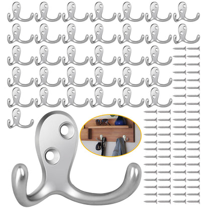Homanu 14 Pack Silvery Coat Hooks Wall Mounted Double Prong with 28 Screws