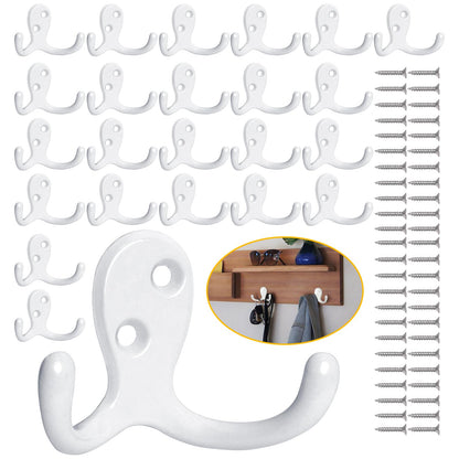 Homanu 14 Pack Silvery Coat Hooks Wall Mounted Double Prong with 28 Screws