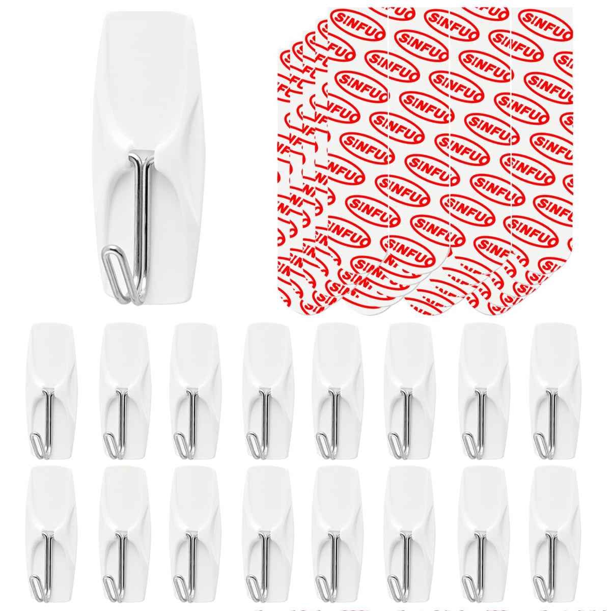 Sinfuo 24 Hooks for Hanging Variety Pack, Adhesive Wall Hooks Heavy Duty with 36 Stirps,no Damage Large midium Small Sticky Utility Hooks for Outdoor、Tower、Keys
