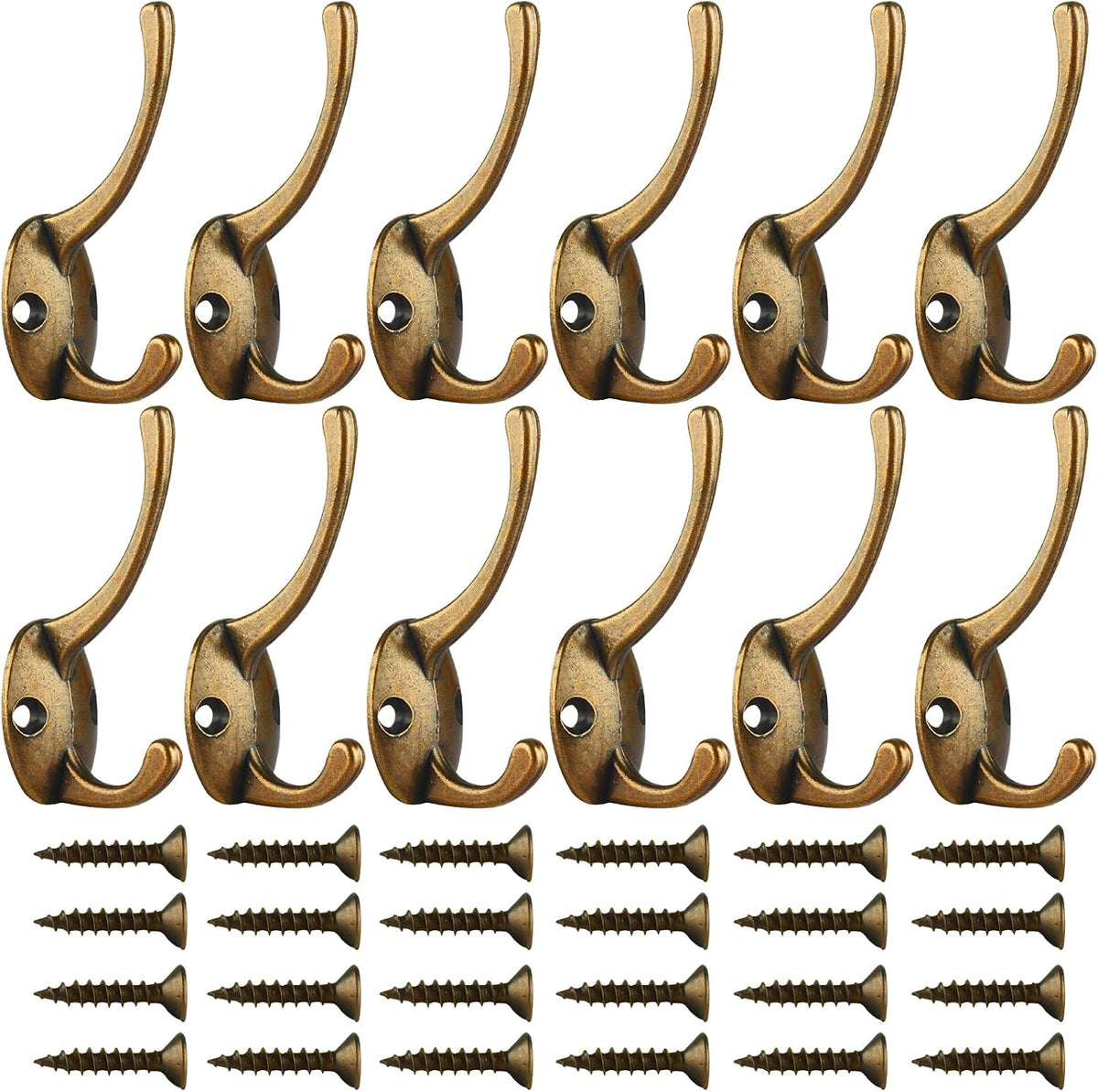 IBosins 12 Pack Antique Brass Double Coat Hooks Wall Mounted with 24 Screws