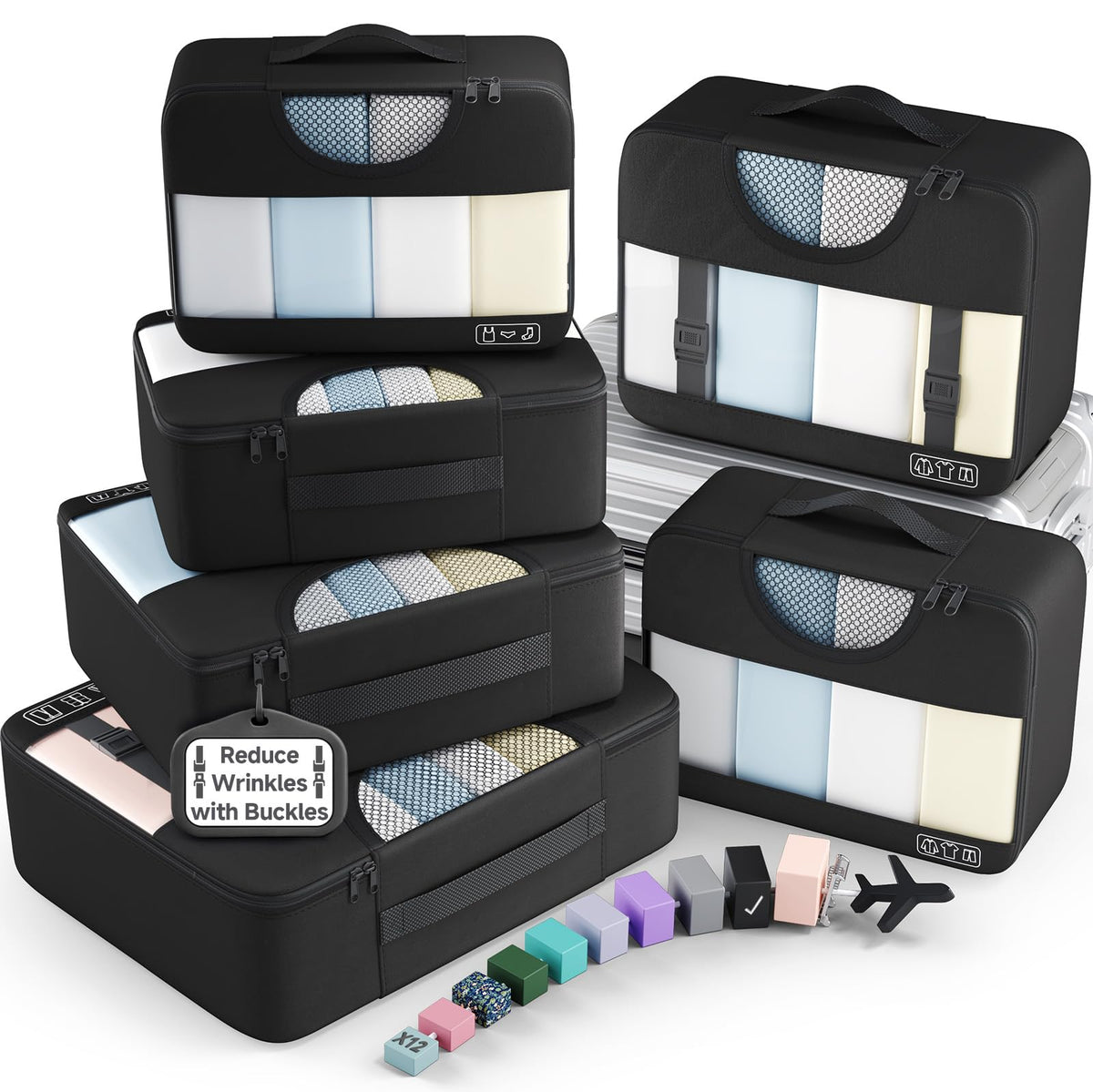 Veken 8 Set Packing Cubes for Travel Essentials,Anti-Wrinkle Buckled Suitcase Organizer for Shoe & Toiletry Bag,Carry On Luggage Bag with 99+ Count Mesh Holes for Airplane & College Dorm Accessories