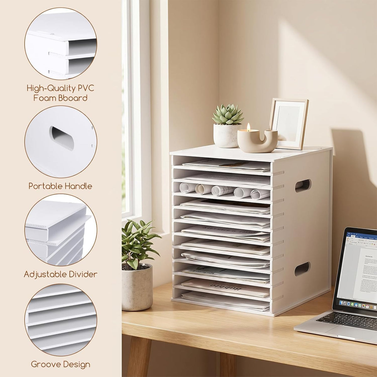 12 Tier 9" x 11" Scrapbook Paper Organizer, White Desk File Organizer with Adjustable Shelves, Desktop File Sorter Storage, Wide Document Holder Cabinets for Desk Home Office