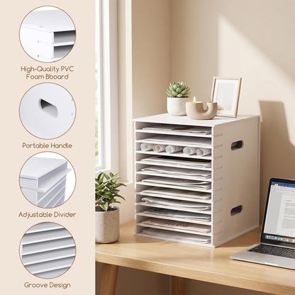 12 Tier 9" x 11" Scrapbook Paper Organizer, White Desk File Organizer with Adjustable Shelves, Desktop File Sorter Storage, Wide Document Holder Cabinets for Desk Home Office