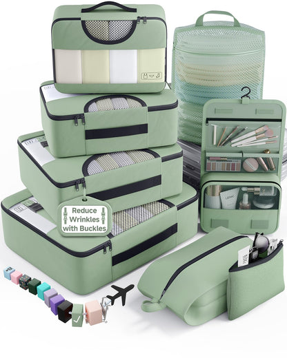 Veken 8 Set Packing Cubes for Travel Essentials,Anti-Wrinkle Buckled Suitcase Organizer for Shoe & Toiletry Bag,Carry On Luggage Bag with 99+ Count Mesh Holes for Airplane & College Dorm Accessories