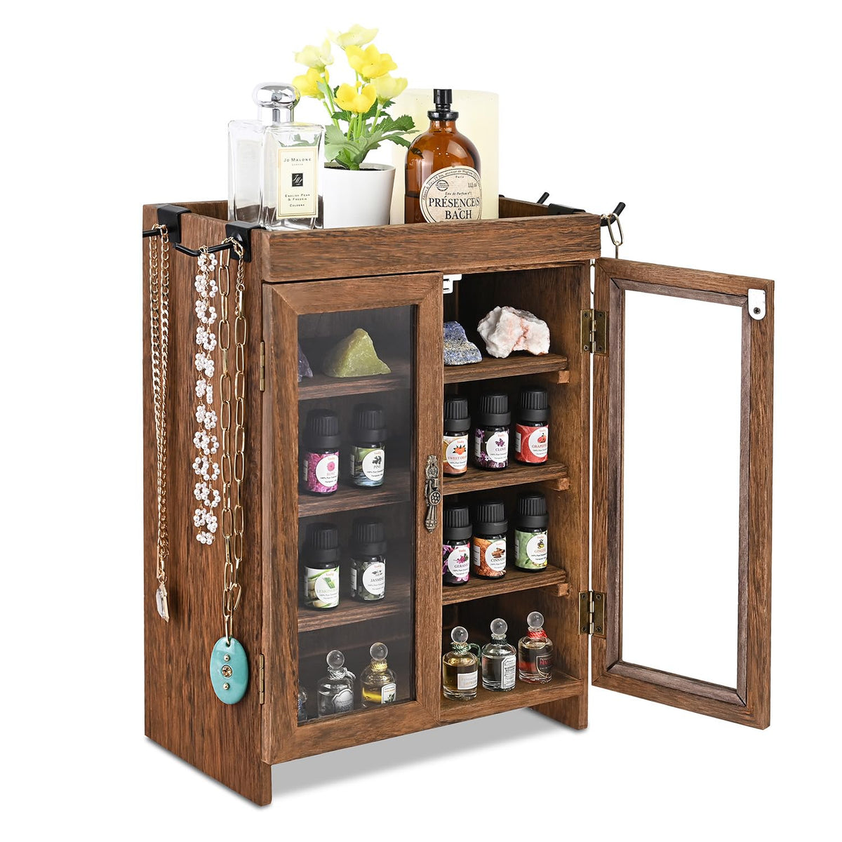 Ikee Design Wooden Countertop Storage Cabinet. Customizable Organizer with Adjustable Shelves, Glass Window Door and Removable Metal Hook. Perfect for Kitchen, Vanity, or Bathroom. Antique White