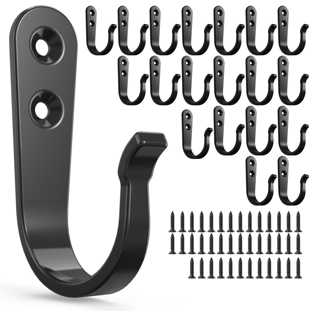 BREYDROK 20Pack Towel Hooks for Bathroom, Heavy Duty Black Metal Wall Hooks