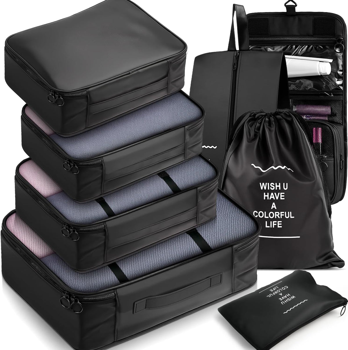 Fosmon 8 Piece Packing Cubes for Travel, Luggage Organizer Bags Set, Black