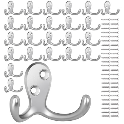 Homanu 14 Pack Silvery Coat Hooks Wall Mounted Double Prong with 28 Screws