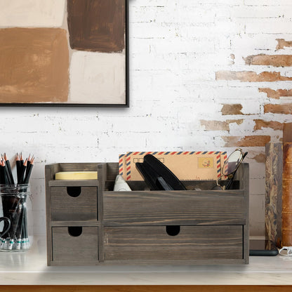 Liry Products Rustic Wooden Desktop Organizer Office Supplies Brown Tabletop Storage Cabinet Stepped Rack Multiple Compartments 2 Tier Drawers Makeup Accessory Jewelry Sorter Display Box Home Office