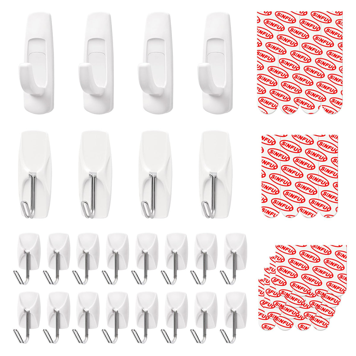 Sinfuo 24 Hooks for Hanging Variety Pack, Adhesive Wall Hooks Heavy Duty with 36 Stirps,no Damage Large midium Small Sticky Utility Hooks for Outdoor、Tower、Keys