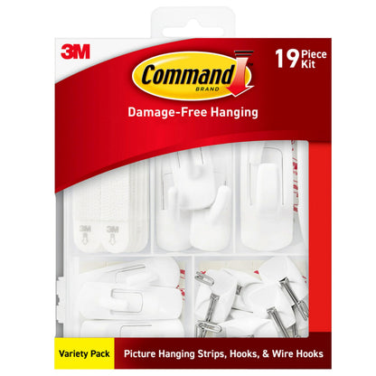 Command Variety Pack, Including 10 Pairs of Picture Hanging Strips, 6 Wire Hooks and 8 Utility Hooks for Hanging Christmas Decorations, Damage Free Hanging Up to 19 Items with Command Strips, 1 Kit