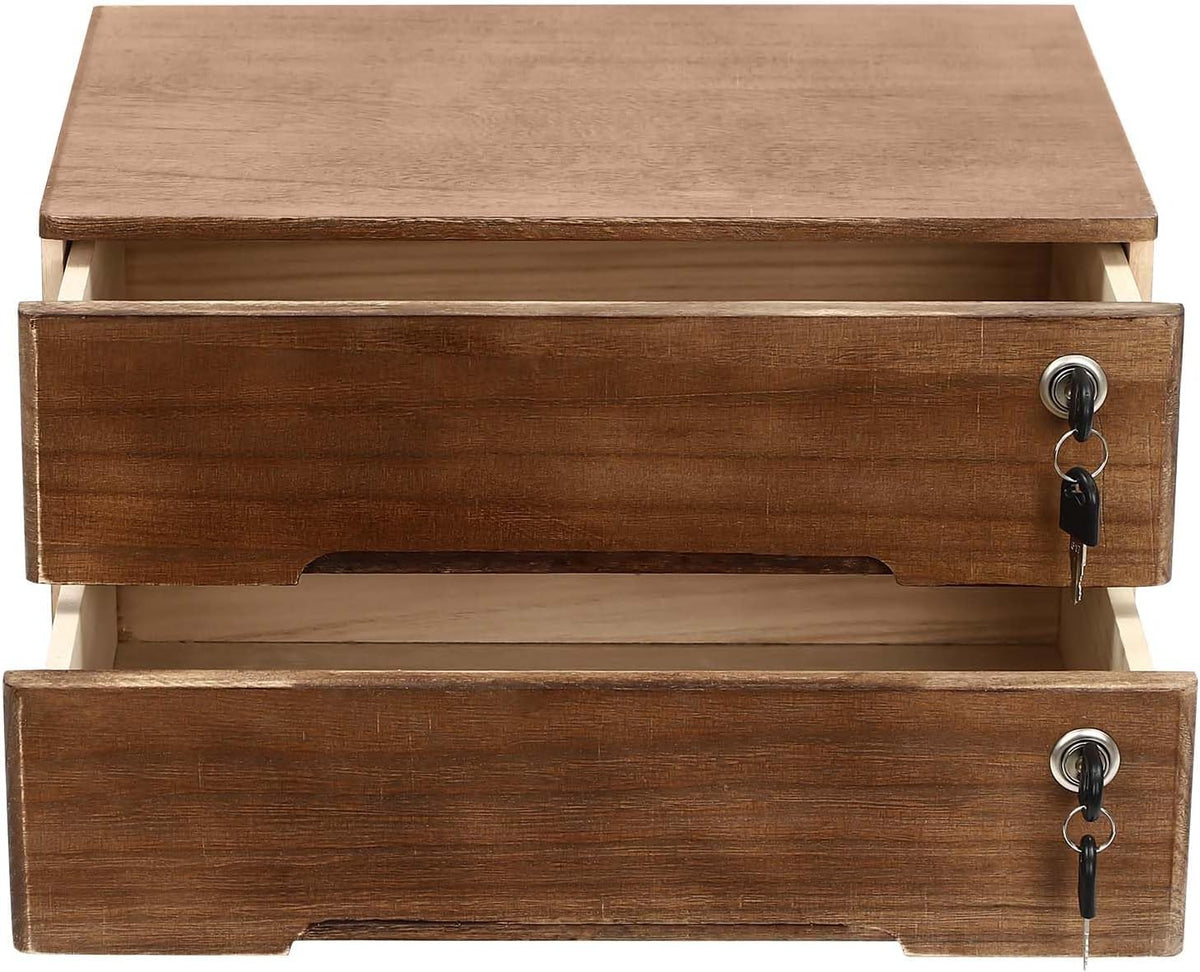 2-Tier Wooden Desktop Storage Box with Lockable Drawers, Flat File Cabinet Small Wooden Box Organizer for Office Supplies Installation-free, 15.75×11×8.66in (Walnut)