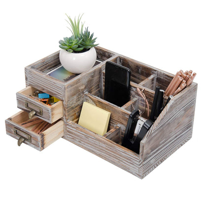 Liry Products Rustic Wooden Desktop Organizer Office Supplies Brown Tabletop Storage Cabinet Stepped Rack Multiple Compartments 2 Tier Drawers Makeup Accessory Jewelry Sorter Display Box Home Office