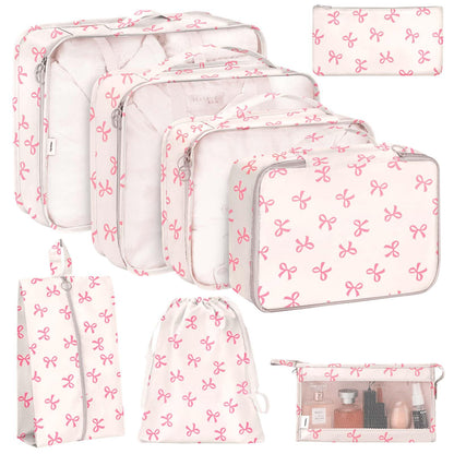 KPX 8 Set Packing Cubes for Travel, Luggage Packing Organizers Accessories Large Toiletries Bag for Clothes Shoes Cosmetics (8Set-Pink Bow)