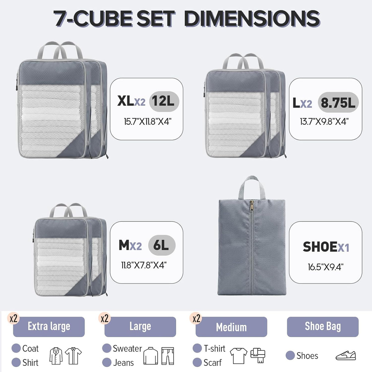 Sutinban 7-Piece Compression Packing Cubes for Travel, 6 Expandable Luggage Organizer Bags and Shoe Bag, Water-Resistant Mesh Suitcase Organizers, Grey