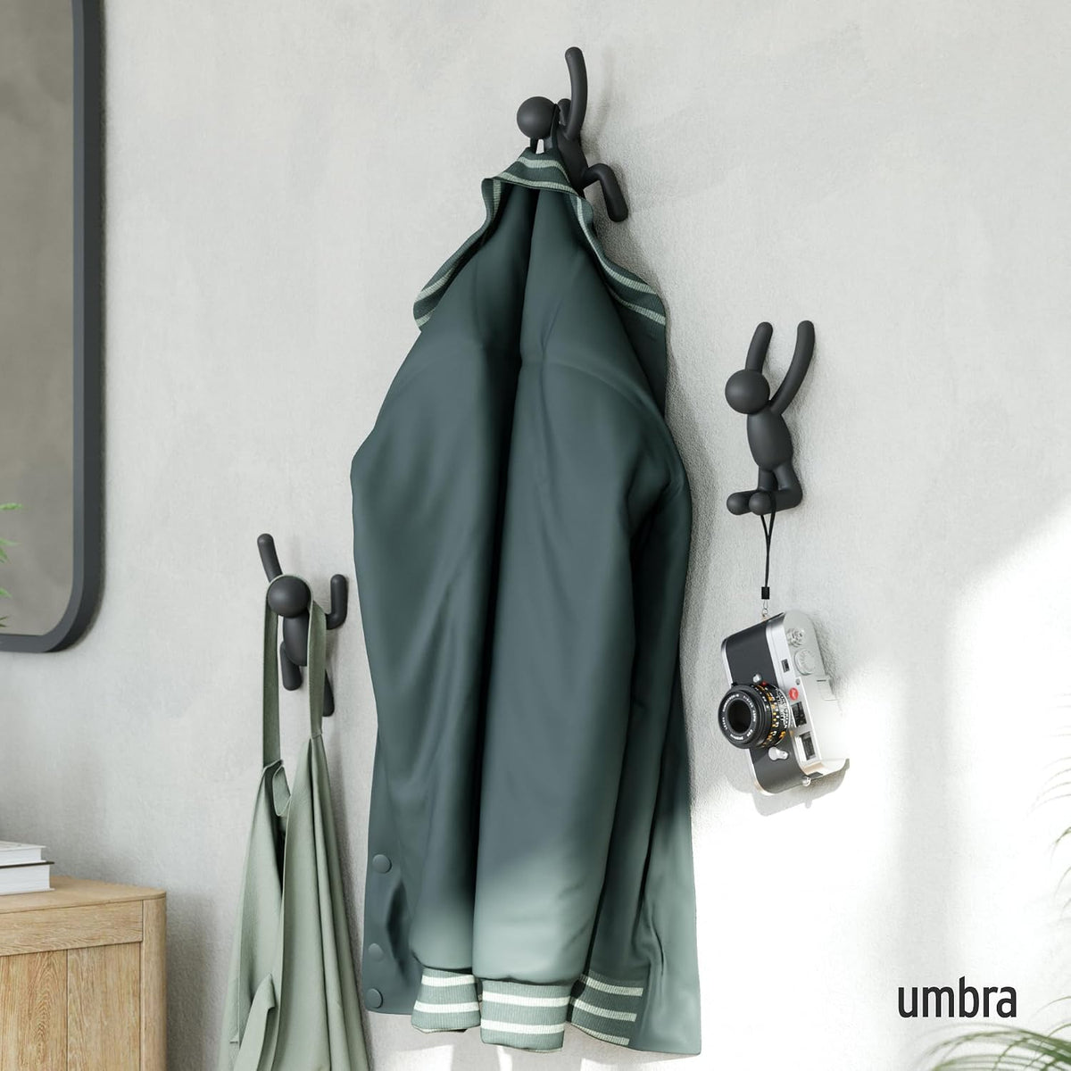 Umbra Buddy Wall Hooks, Decorative Wall Mount Coat Hooks, Set of 3, Black
