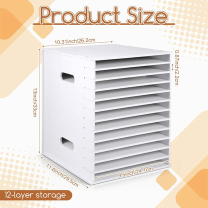 12 Tier 9" x 11" Scrapbook Paper Organizer, White Desk File Organizer with Adjustable Shelves, Desktop File Sorter Storage, Wide Document Holder Cabinets for Desk Home Office