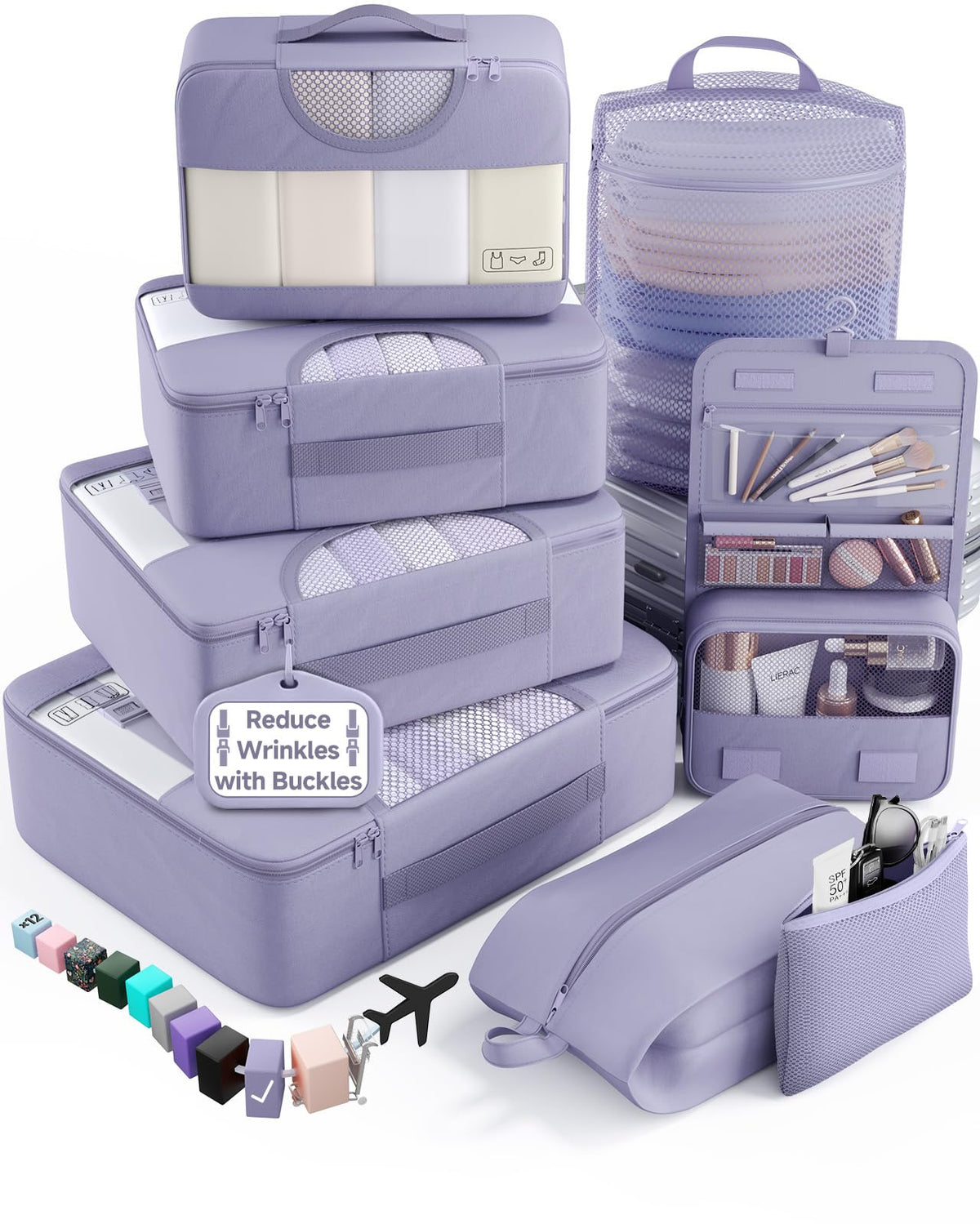 Veken 8 Set Packing Cubes for Travel Essentials,Anti-Wrinkle Buckled Suitcase Organizer for Shoe & Toiletry Bag,Carry On Luggage Bag with 99+ Count Mesh Holes for Airplane & College Dorm Accessories