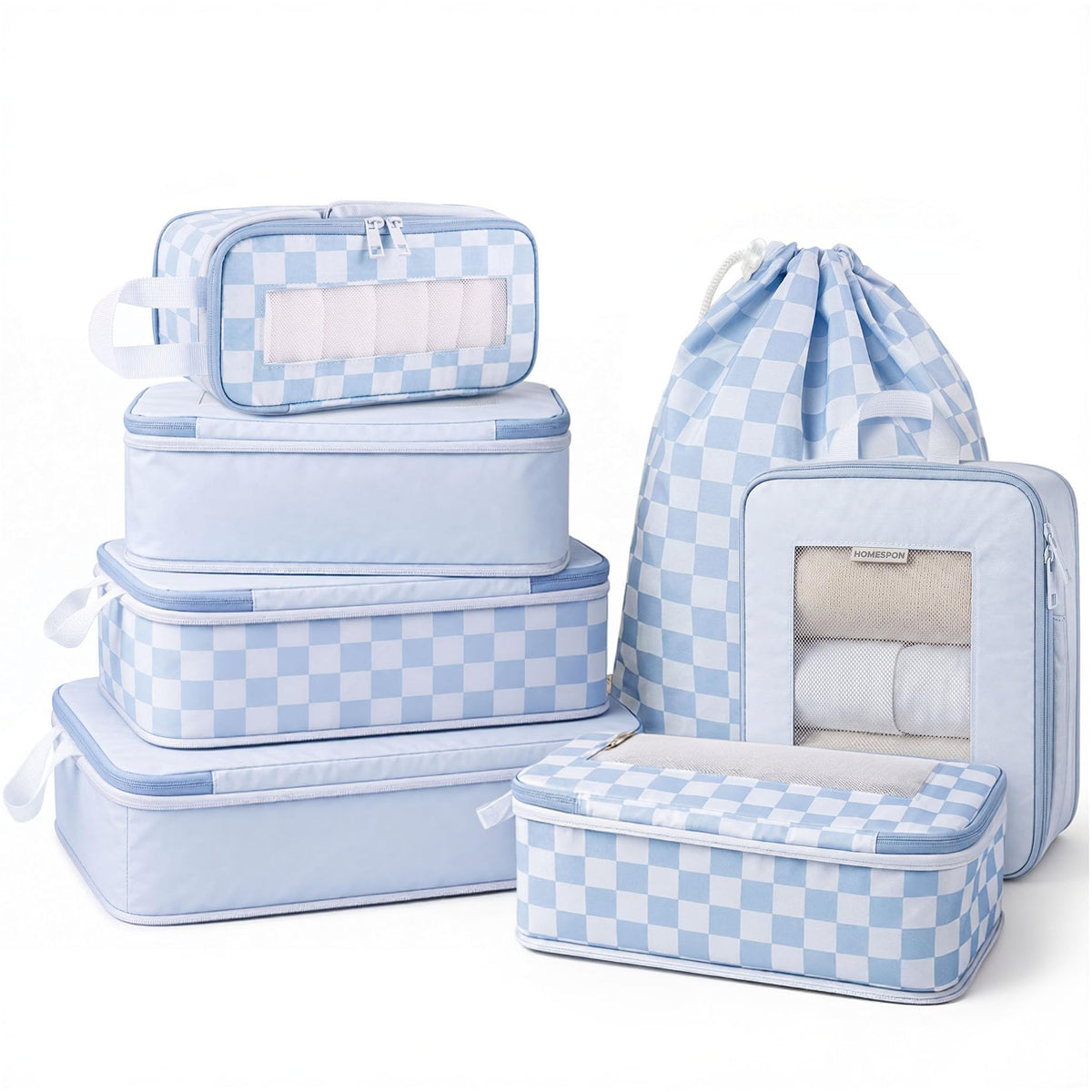 HOMESPON 7 Pcs Compression Packing Cubes for Travel, Blue Checkerboard