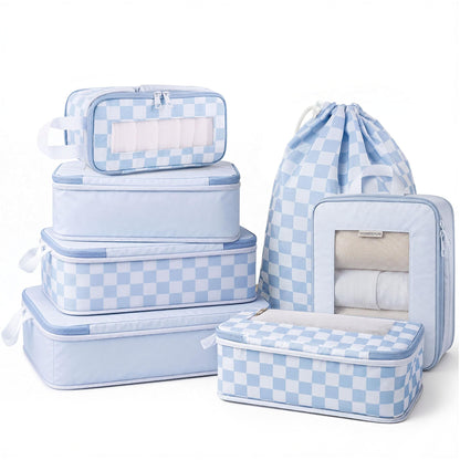 HOMESPON 7 Pcs Compression Packing Cubes for Travel, Blue Checkerboard