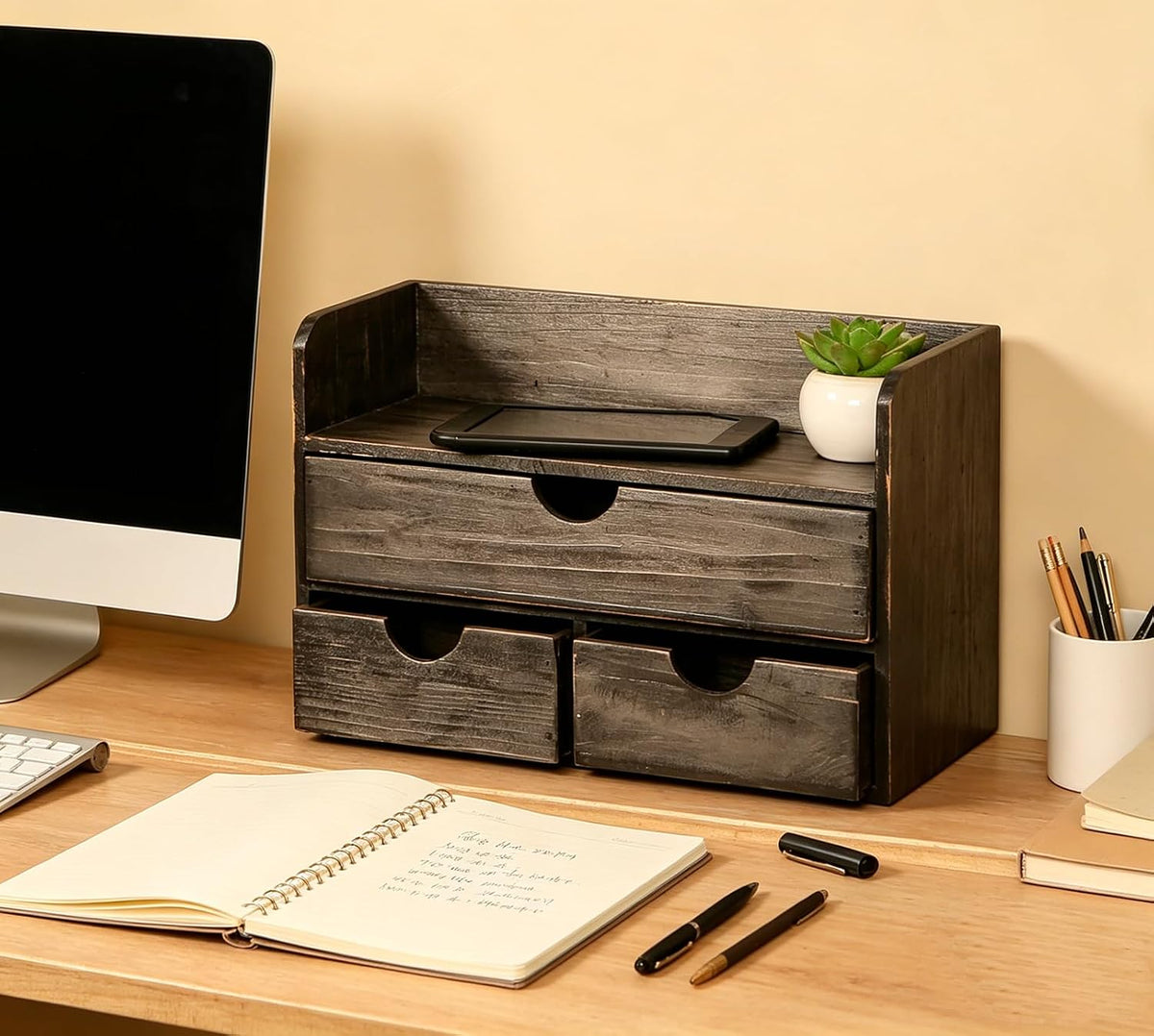 Black Wood 3 Drawer Desk Organizer Shelf, Mail Rack Vanity Storage