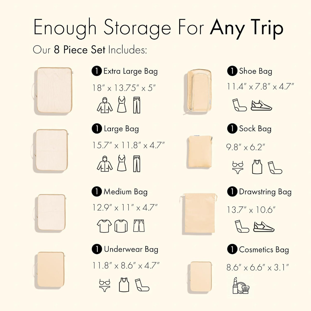 (Not Made In China) Packing Cubes For Travel, Suitcase Organizer Bags, Ultra Lightweight Nylon 8pc Set