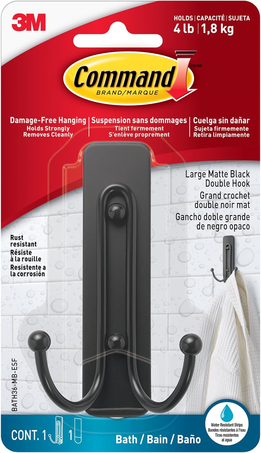 Command Large Black Bath Double Hooks, 1 Hook, 1 Strip