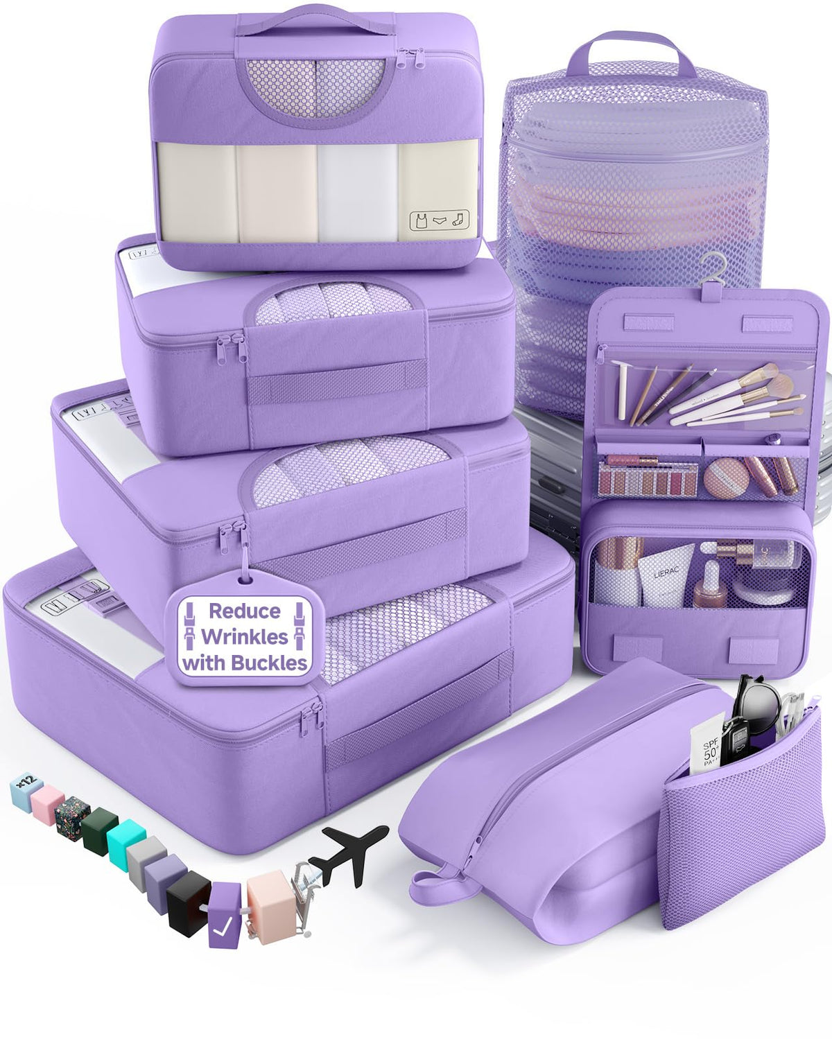 Veken 8 Set Packing Cubes for Travel Essentials,Anti-Wrinkle Buckled Suitcase Organizer for Shoe & Toiletry Bag,Carry On Luggage Bag with 99+ Count Mesh Holes for Airplane & College Dorm Accessories