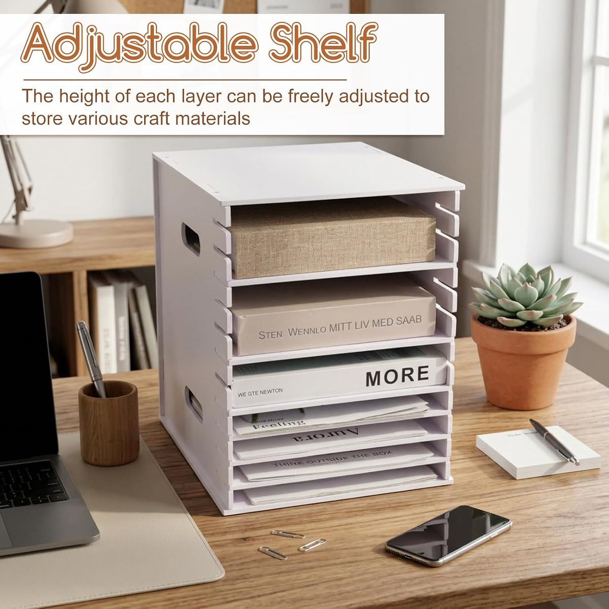 12 Tier 9" x 11" Scrapbook Paper Organizer, White Desk File Organizer with Adjustable Shelves, Desktop File Sorter Storage, Wide Document Holder Cabinets for Desk Home Office