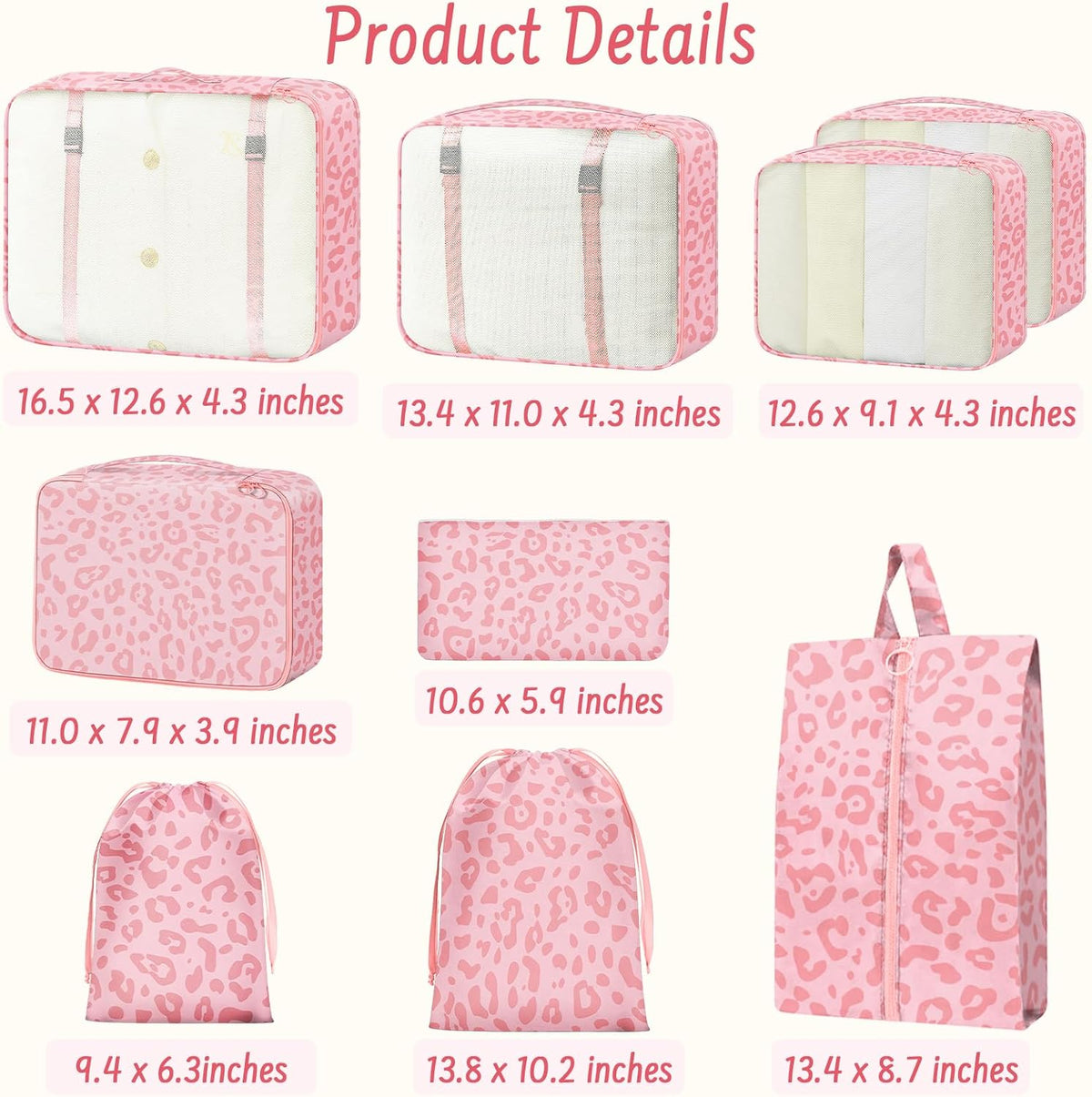 9 Set Packing Cubes for Travel Essentials - Lightweight Carry-On Luggage Organizer Bags with Shoe, Clothes & Laundry Bags for Airplane, Family & Business Travel, Pink leopard print