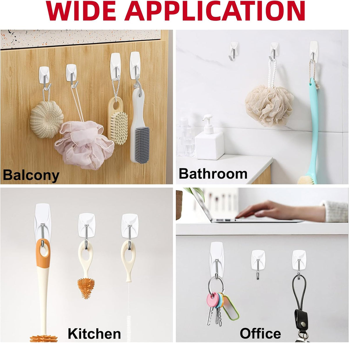 Sinfuo 24 Hooks for Hanging Variety Pack, Adhesive Wall Hooks Heavy Duty with 36 Stirps,no Damage Large midium Small Sticky Utility Hooks for Outdoor、Tower、Keys