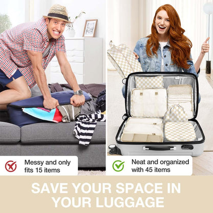 8 Set Packing Cubes for Suitcases,Packing Cube with Shoe, Cosmetics, Clothing, and Accessories Bags Packing Cubes for Travel Luggage Organizer Women Men(Khaki Checkered)