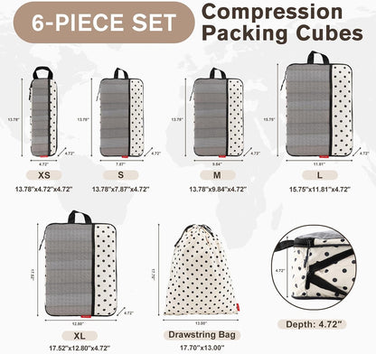 U+U 6 Set Compression Packing Cubes, Travel Organizers (Polka Dot)