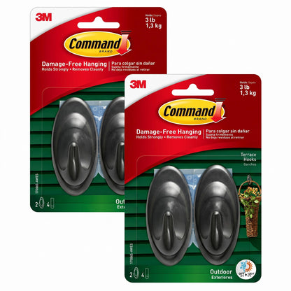 Command Outdoor Terrace Hooks, 2 Hooks and 4 Strips, Damage-Free Hanging Wall Hook for Hanging Outdoor Wall Decor with Weather Resistant Strips, Holds up to 3 lb