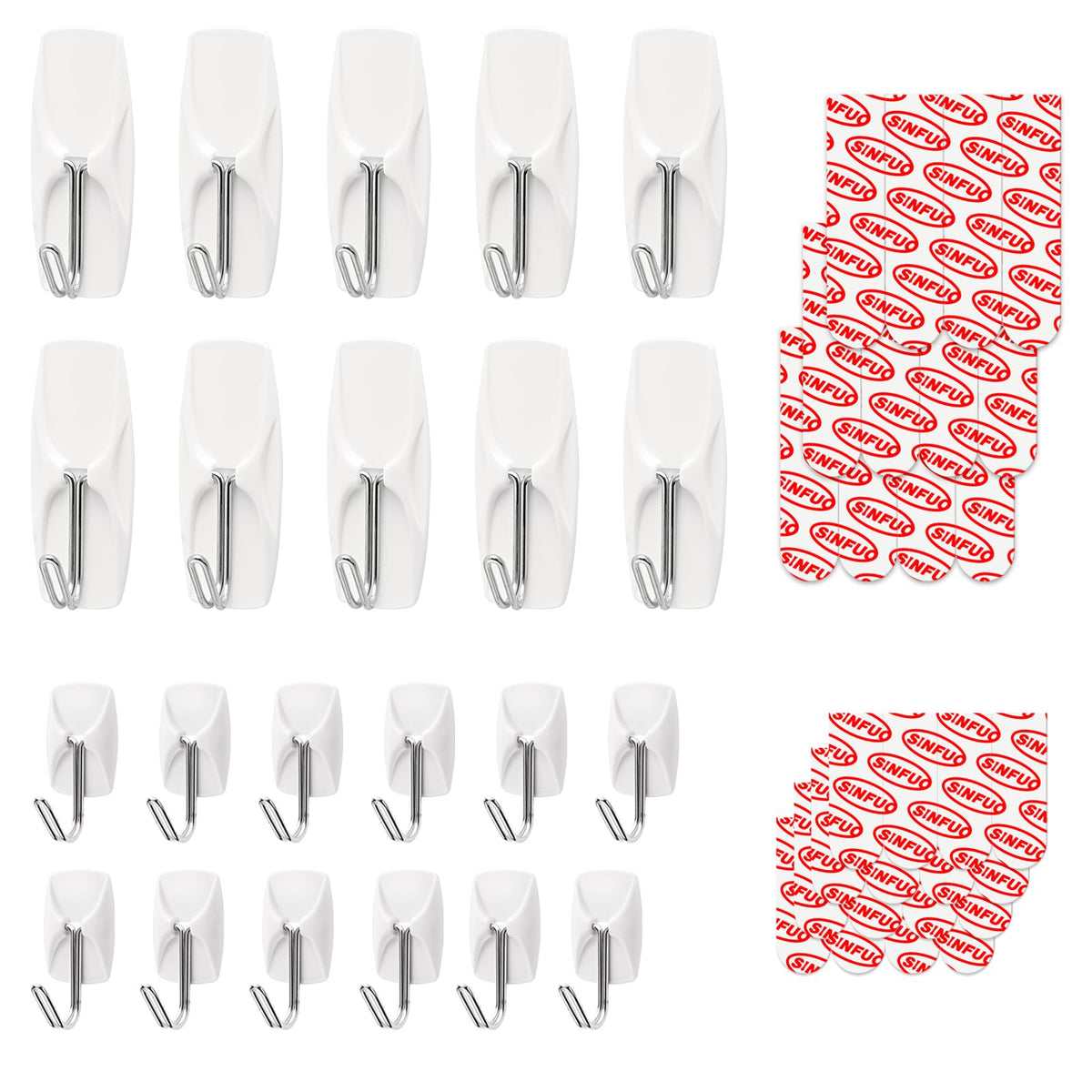 Sinfuo 24 Hooks for Hanging Variety Pack, Adhesive Wall Hooks Heavy Duty with 36 Stirps,no Damage Large midium Small Sticky Utility Hooks for Outdoor、Tower、Keys