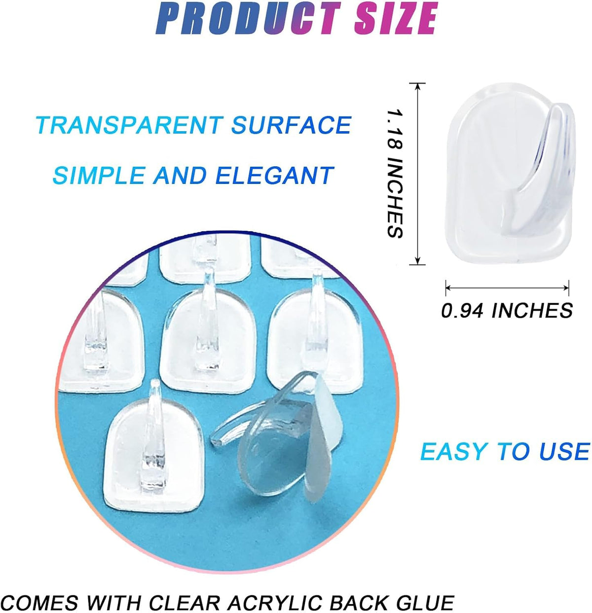 50 PCS Traceless Clear Plastic Adhesive Hooks No Damage Transparent Reusable Seamless Hooks Sticky Hangers with Non Marking Sticker for Kitchen Bathroom Bedroom Office Wall（3*2.4Cm/1.18*0.94Inches）